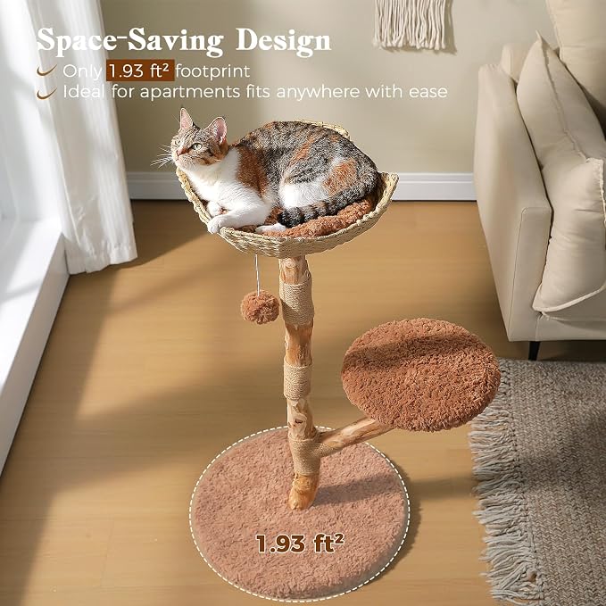 MUTTROS Modern Cat Tree Tower with Real Wood Branches and Wicker Basket Bed, Solid Wood Cat Climbing Furniture with Scratching Posts and 3 Hanging Balls for Indoor Cats, Brown
