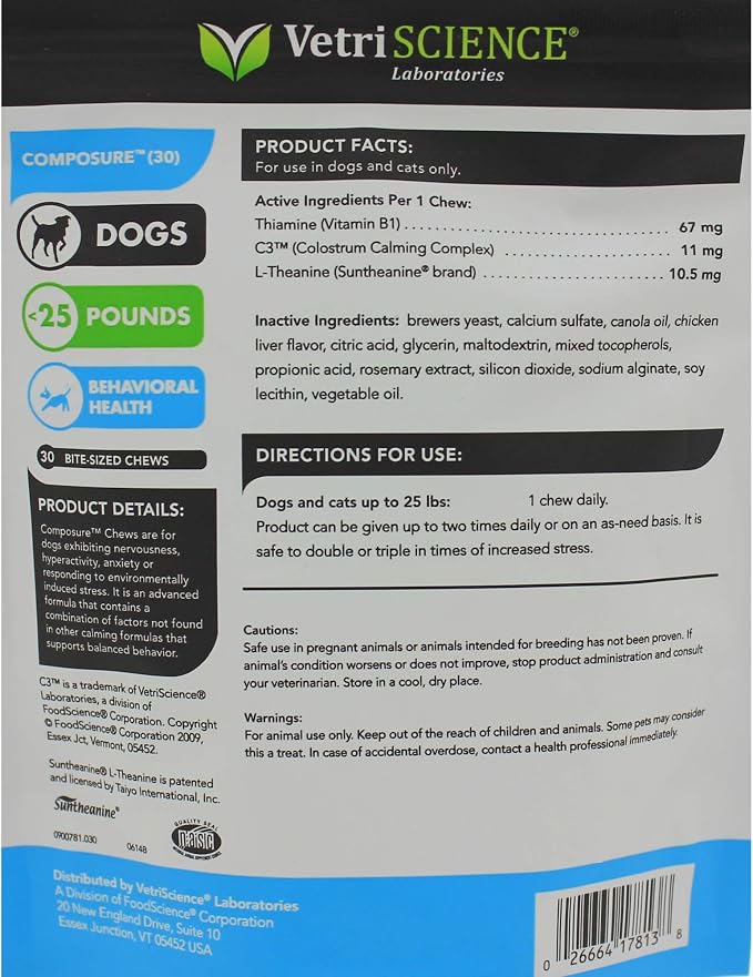 VetriScience Calm & Confident Chews, Composure Clinically Tested Calming and Anxiety Supplement for Small Dogs Under 30 lbs, Reduce Stress, Ideal for Thunderstorms and Fireworks, Chicken, 30 Count