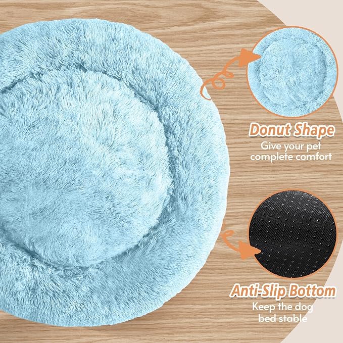 JOLLYVOGUE Calming Dog Beds Large Sized Dog, 36in Donut Washable Large Pet Bed, Anti-Slip & Anti-Anxiety Fluffy Faux Fur Round Dogs Bed, Fits up to 80 lbs Pets (Light Blue)