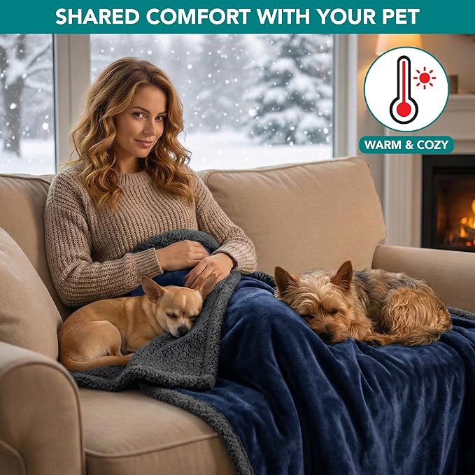 PetAmi Waterproof Dog Blanket for Couch, Queen 90x90, Pee Proof Sherpa Fleece Reversible Pet Throw, Furniture Protector for Bed Sofa, Soft Washable Cover for Large Dogs Cats, Blue Grey