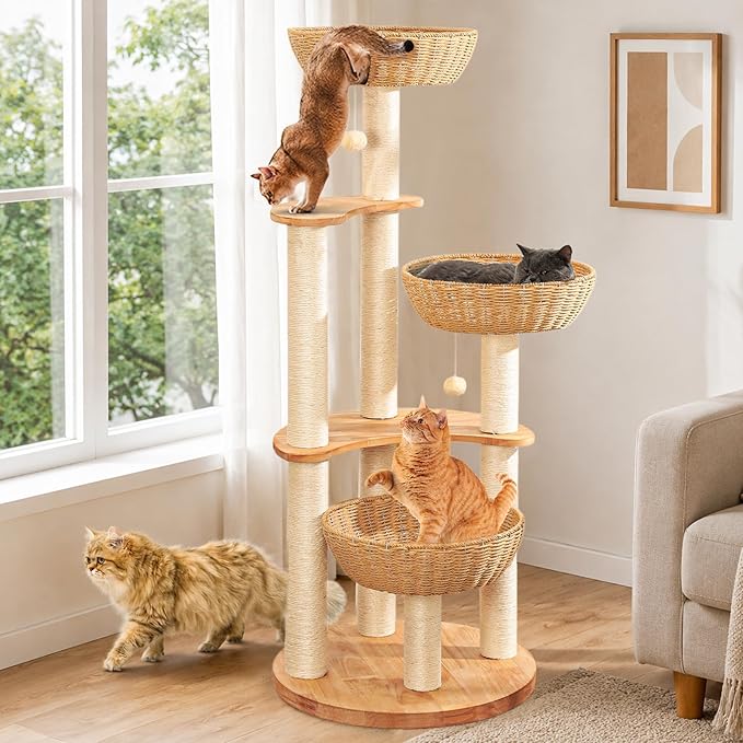 54" Modern Cat Tree Tower for Indoor Cats, Oak Cat Scratching Tree for Multiple Large Cats, Manual Hand Woven Luxury Cat Condo, Unique High-end Design Cat Furniture Activity Centre, Easy Clean