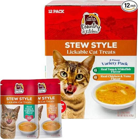 Country Kitchen Stew Style Lickable Cat Treats, 2 Flavor Variety Pack, Includes Tuna & Whitefish and Chicken & Tuna Made with Real Meat, 5 oz. Tubes, 12 Count