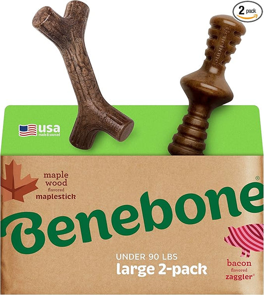 Benebone 2-Pack Maplestick/Zaggler Durable Dog Chew Toys, Real Maplewood, Real Bacon, Made in USA Large