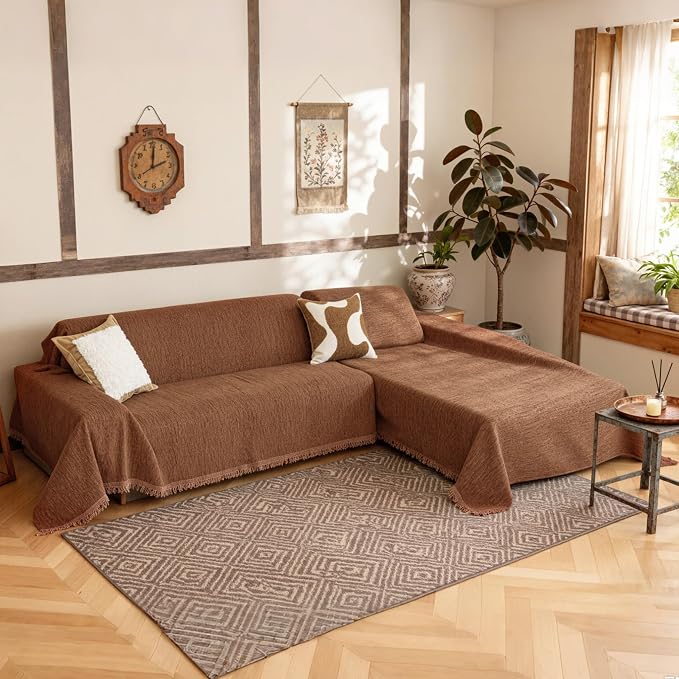 MYSKY HOME Sectional Slipcover Furniture Protector, Couch Cover for Sectional Sofa — 2 Pieces Sofa Cover for L Shape Sofa for Pet, Kid, Blanket for 2-3 Cushion Couch (71"x102"+71"x118", Camel)