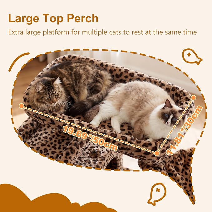 Heybly Cat Tree, 71-Inch-Tall Tower for Indoor Cats with 2 Perches, 2 Big Condos, 2 Hammocks, Basket, Scratching Pad, Large Cat Furniture and Condo, Leopard Print HCT034BW