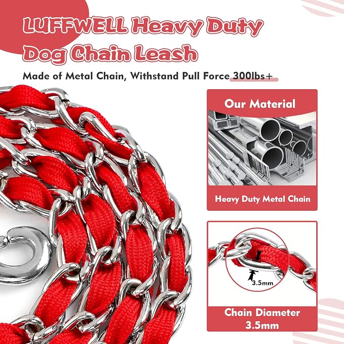 Heavy Duty Metal Dog Chain Leash with Comfortable PU Leather Padded Handle, Chew Proof for Medium Large Pooch Walking Training (6FT 3.5mm Red)