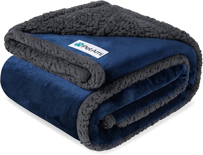 PetAmi Waterproof Dog Blanket for Couch, Large 60x40, Pee Proof Sherpa Fleece Reversible Pet Throw, Furniture Protector for Bed Sofa Kennel, Soft Washable Cover for Medium Dogs Cats, Blue Grey