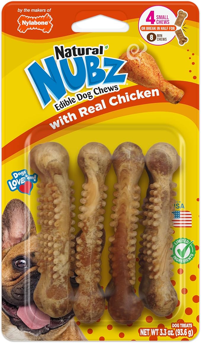 Nylabone Nubz Natural Dog Chew Treats for Small Dogs, Long Lasting Dog Chew Bones Made in the USA, Chicken Flavor Breath Freshener Dental Chews, Small Dog Bones for Dogs Up to 25 lbs. (4 Count)