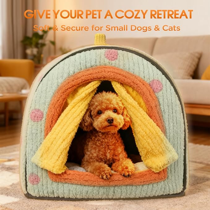 Dog House Indoor for Small Dogs, 2-in-1 Enclosed Dog Bed with Cover Cave & Curtain, Dog Tent with Plush Washable Cushion, Inside Dog House for Pets Under 17 lbs(Green, Medium)