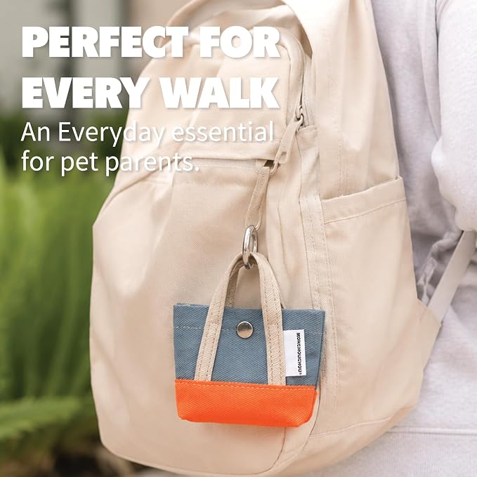 Dog Poop Bag Holder for Leash with 1 Waste Bag Roll, Canvas | Beige Handle, Round Clip, Cotton Pouch, Small Accessory Keychain Bag, Handmade in Korea