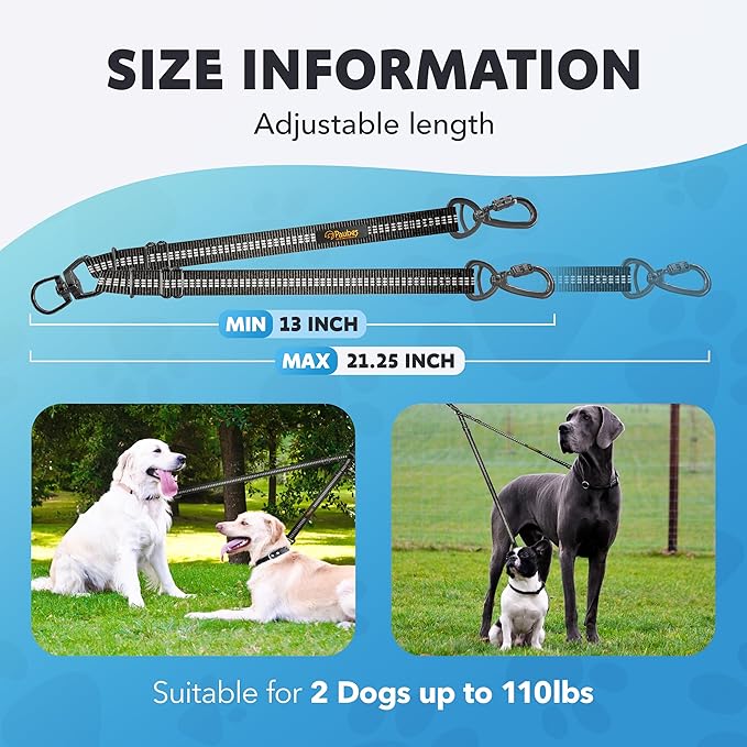 Double Dog Leash – Adjustable Length Long Leash for Dog Training – Dual Reflective Dog Leash with Non-Tangle Design – Heavy Duty Nylon and Metal Buckles – Ideal