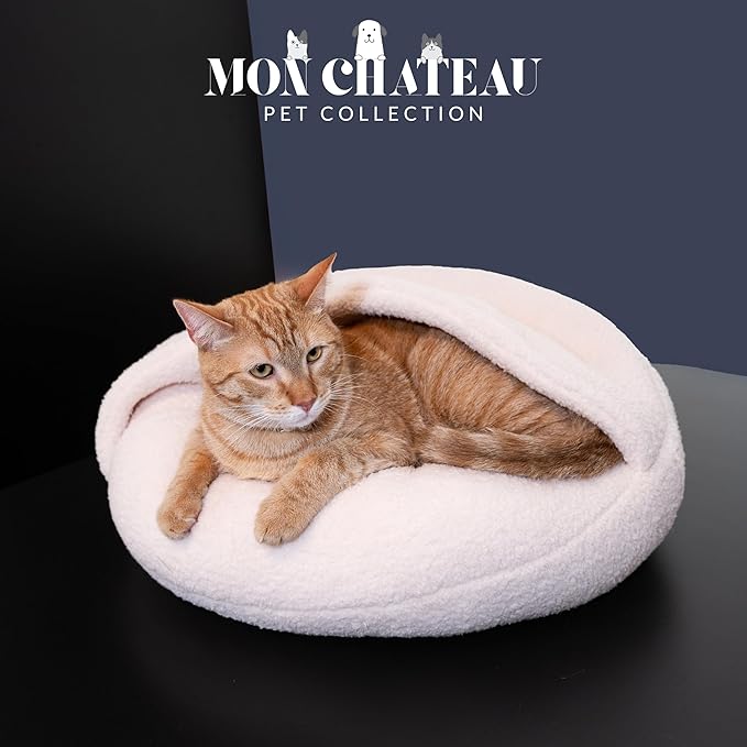 Mon Chateau Nestled Boucle Hooded Pet Bed, Plush Cat or Dog Bed with Hooded Cover, Waterproof and Machine Washable with Anti-Skid Bottom, Designed for Comfort and Safety, Cloud White