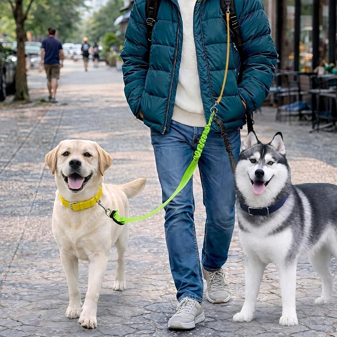Double Dog Leash for Two Dogs, Professional No Tangle 360° Swivel Coupler with Shock Absorbing Bungee, Adjustable Length Dual-Sided Reflective Two Dogs Lead Splitter for Small Medium Large Dog