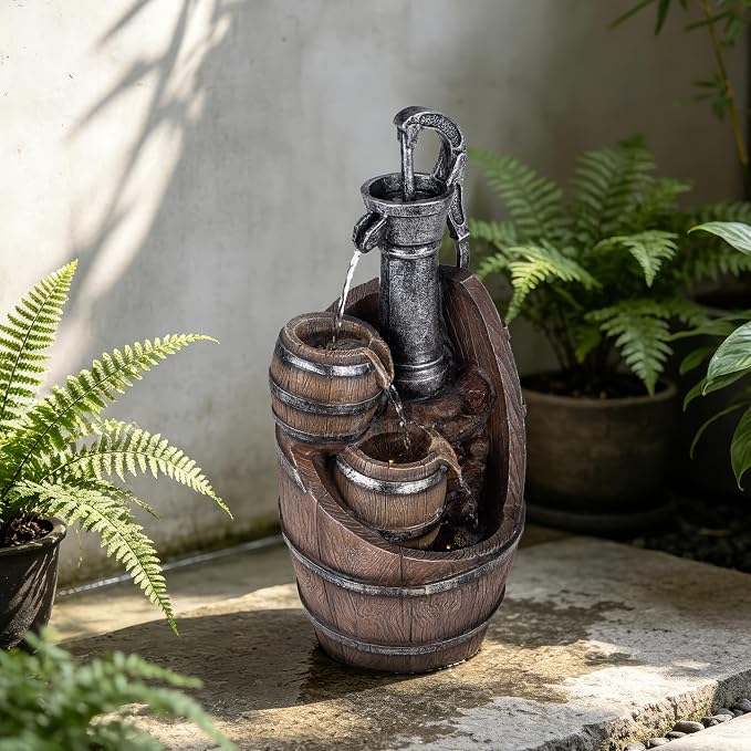 Solarbloom 21.7" H Garden Fountains, Farmhouse Outdoor Water Fountain with LED Lights, Rustic Pump and Barrel, for Patio Garden Backyard Deck Decor