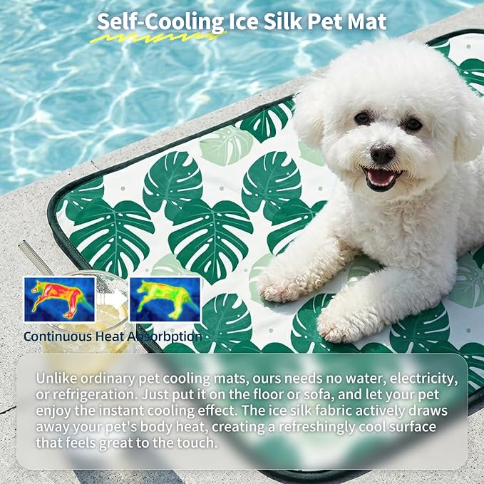 NWK Pet Cooling Mat for Large Dogs -Q-Max>0.345 Ice Silk Cooling Mat for Dogs & Cats Portable & Washable Pet Cooling Blanket, Car Seats, Beds for Summer (Green Leaf, 39'' X 27'' X 0.3'')