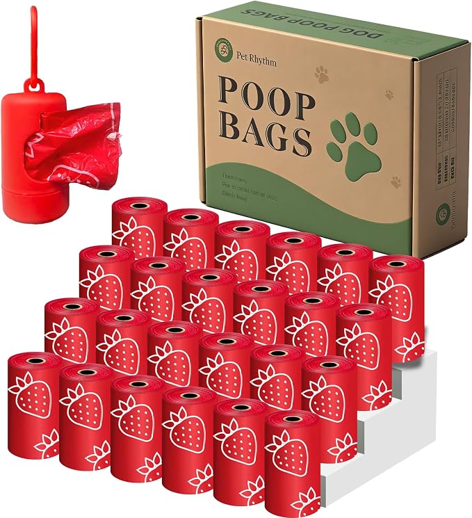 Strawberry Scented Dog Poop Bags - 360 counts red Pet Waste Bags with Dispensers, Extra Large 13x9 Inch Leak-Proof Fragrance Bags for Dogs Walking and Cat Litter