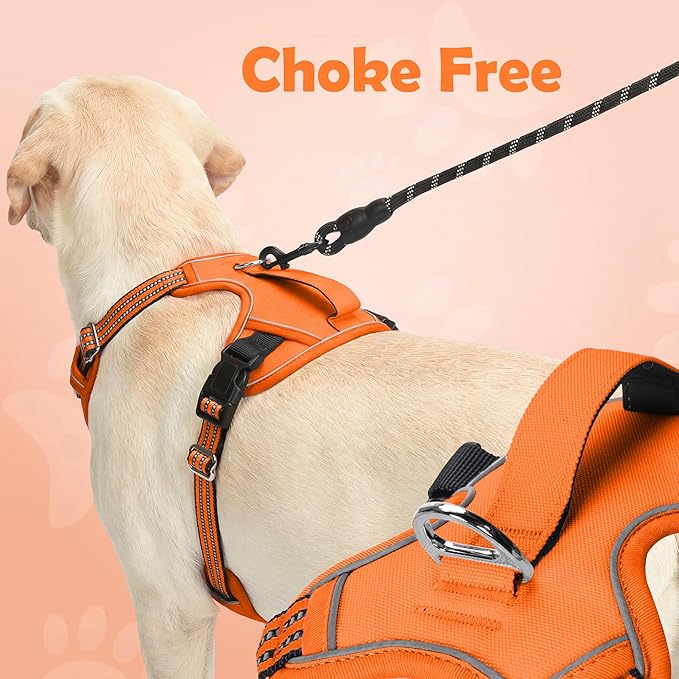 Funfox Dog Harness No Pull, Adjustable Pet Vest Harness, Super Soft Material with Vertical Handle Easy Control, Reflective Night Walking, 2 Leash Clips for Large Dogs, Orange, L