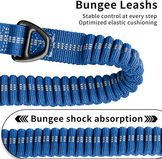 Heavy Duty Tactical Dog Leash, 4-6FT Shock Absorbing Bungee Lead with 2 Padded Handles, Metal Carabiner & Seatbelt Clip, Reflective No-Pull Leash for Medium/Large Dogs (Blue)