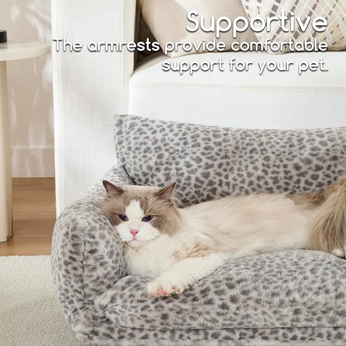 Hollypet Cat Bed Fluffy Plush Multifunctional Double-Layer Machine Washable Soft Warming Kitty Pet Couch Orthopedic Nest Beds for Small Cats Kitten and Dogs up to 13lbs, Snow Leopard(25x20x13 inch)