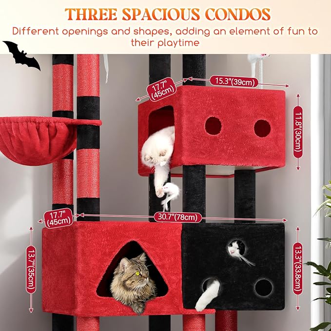 Globlazer Extra Large Gothic Cat Tower, 81-inch Tall Goth Cat Tree for Big Cats 20 lbs, XXL Heavy Duty Cat Scratching Tower for Indoor Adult Cats with 3 Cat Condos, 8 Scratching Posts, F81, Red Black