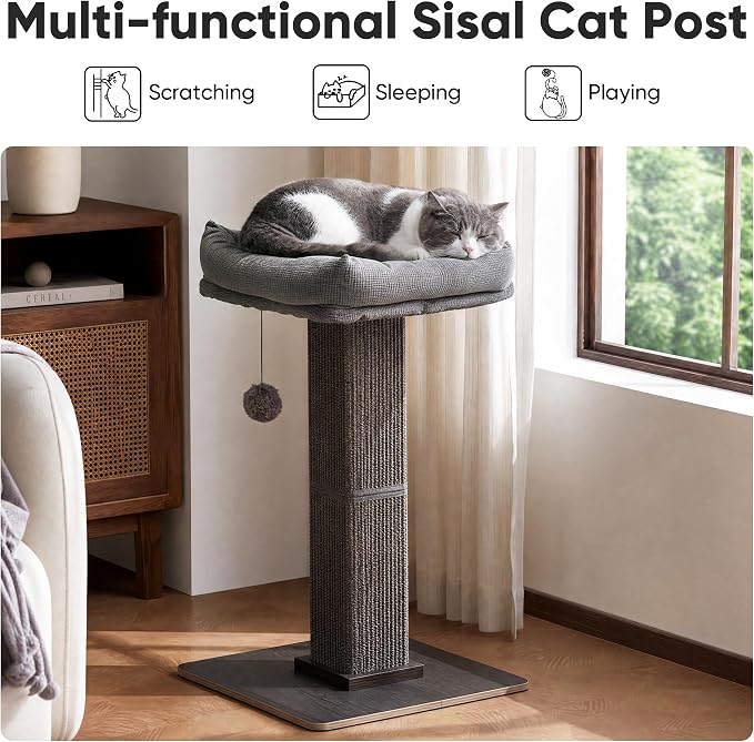 FUKUMARU Cat Scratching Post, Modern Style Tall Scratch Posts with Perch for Indoor Cats Adults, Large Cat Scratcher Tower with Bed, Small Tree with Raised Stand, Natural Sisal & Solid Wood
