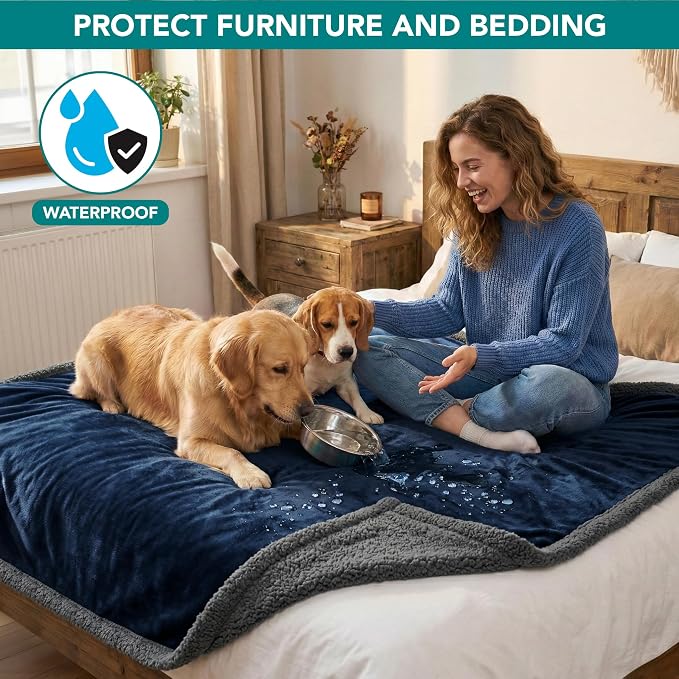 PetAmi Waterproof Dog Blanket for Couch, Queen 90x90, Pee Proof Sherpa Fleece Reversible Pet Throw, Furniture Protector for Bed Sofa, Soft Washable Cover for Large Dogs Cats, Blue Grey