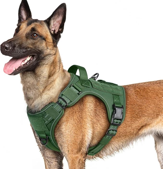 rabbitgoo Tactical Dog Harness for Large Dogs No Pull Adjustable Military Vest with Handle MOLLE Reflective Heavy Duty Dog Vest for Walking Training Hunting Outdoor Working Medium Size Dog Green L