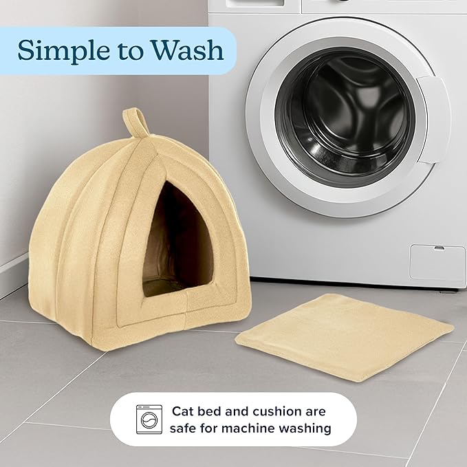 Cat House - Indoor Bed with Removable Foam Cushion - Pet Tent for Puppies, Rabbits, Guinea Pigs, Hedgehogs, and Other Small Animals by PETMAKER (Tan)