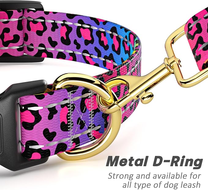 Reflective Dog Collar for Large Dogs, Cute Leopard Style Adjustable Heavy-Duty Nylon Puppy Collar for Boy and Girl Female, Soft Pet Accessories with Quick Release Buckle, Neon