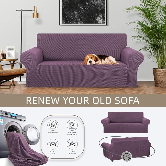 KEKUOU Stretch Loveseat Sofa Cover Slipcover,Couch Covers for 2 Cushion Couch Sofa (55"-78") Furniture Protector Sofa with Elastic Bottom for Kids,Dog. Jacquard Small Checked (Medium,Dark Purple)