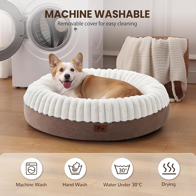 Donut Dog Bed Medium Size Dog 30 Inch, Round Cat Beds for Small Medium Dogs and Cats with Washable Fluffy Faux Fur, Cute Comfort Pet Bed with Anti-Slip Bottom, Cream