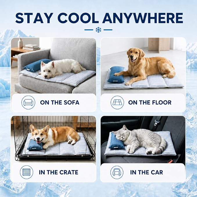 Cooling Mat for Dogs, 28.4”×18.5” Dog Cooling Mat for Small or Medium Pets (Q-Max 0.485), Thick Washable Pet Cooling Mat with Pillow, Long-Lasting Chill Pet Pad for Crate, Sofa, Floor, Car