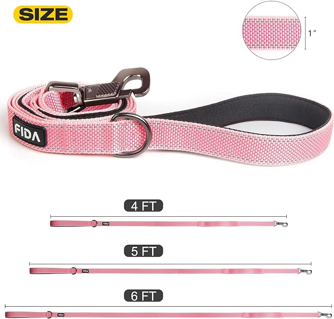Fida 6 FT Heavy Duty Dog Leash with 2 Comfortable Padded Handles, Traffic Handle & Advanced Easy Snap Hook, Reflective Walking Lead for Large, Medium & Small Breed, Pink