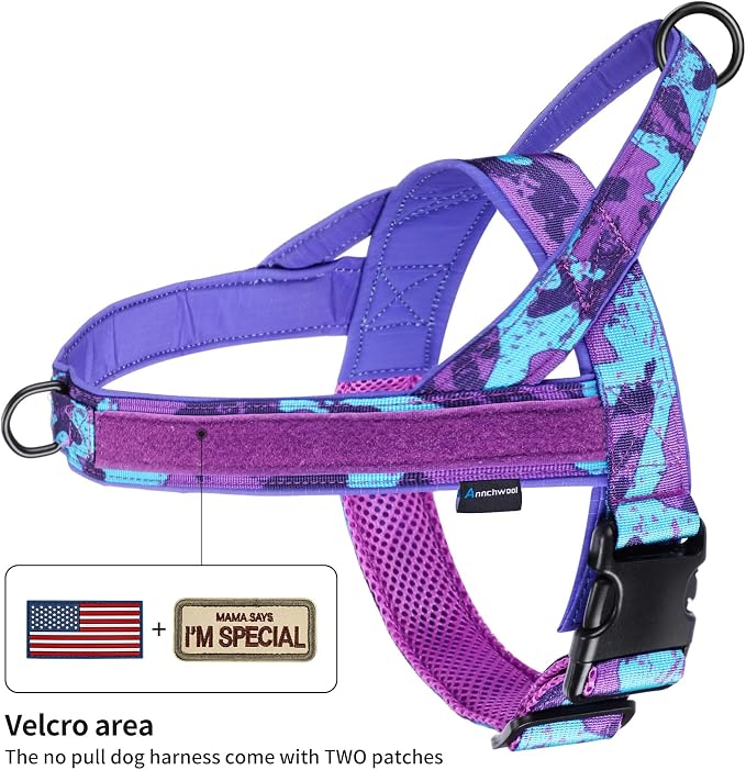 Annchwool No Pull Dog Harness with Padded Handle+5 Ft Leash,Escape Proof and Quick Fit to Adjust Dog Harness,Easy for Training Walking for Small & Medium and Large Dogs(Camo Purple Set,L)