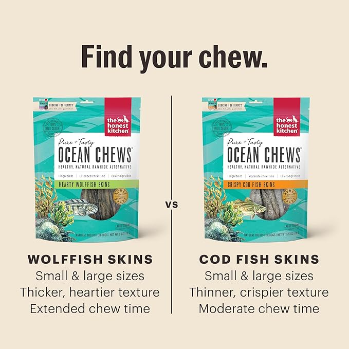 The Honest Kitchen Human Grade Ocean Chews Hearty Wolffish Skins Dog Treats, 6 oz (Beams)