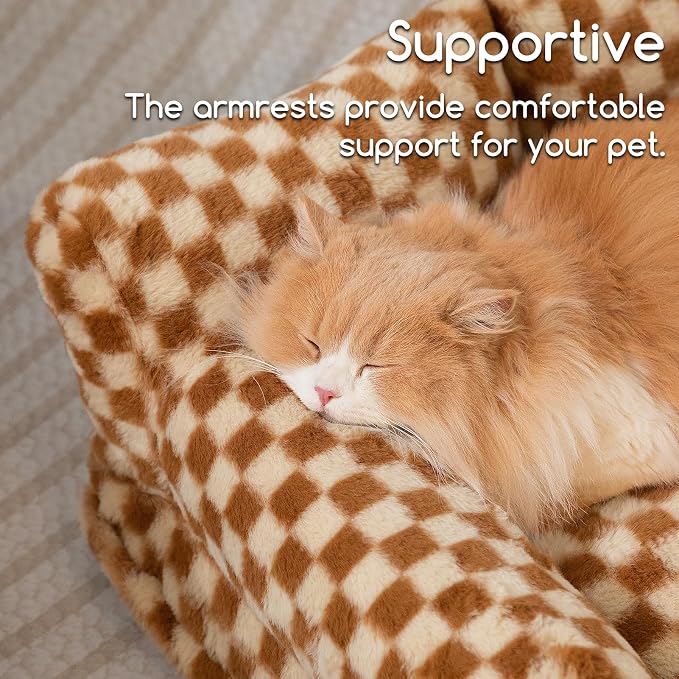 Hollypet Fluffy Dog Cat Bed Pet Couch Beds Plush Soft Warming Washable Puppy Bed for Small Medium Dogs and Large Cats, Brown and Light Yellow, 24" L x 18" W x 10" Th