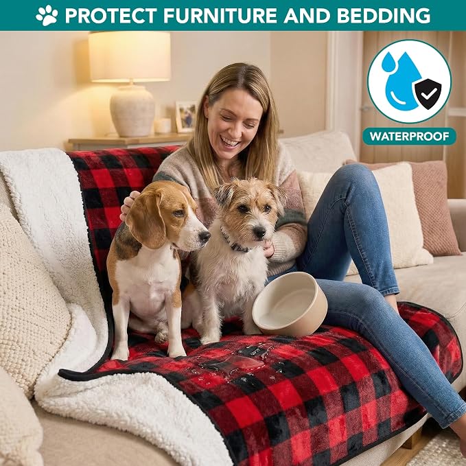 PetAmi Waterproof Dog Blanket Sherpa Fleece, Pet for Medium Large Dogs, Reversible Cat Throw Bed Couch Sofa Furniture Protector, Soft Plush Microfiber (Large 40x60, Checker Red) Checkered Red