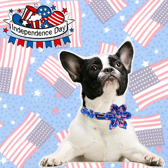 Maca Bates American Flag 4th of July Dog Collar with Flower Bow 4 of 7 for Dogs Adjustable Durable Flags Patriotic USA Collars Summer Independence Day for Small Medium Large XL Boy Girl Puppy