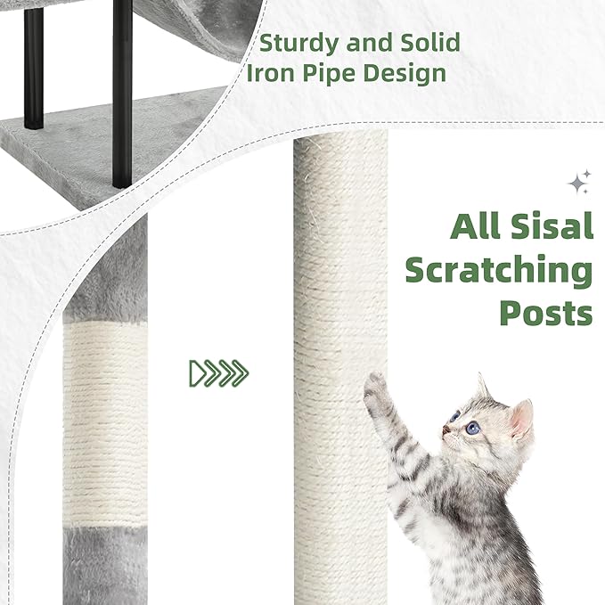 Gitelsnour Cat Tree, Cat Tower for Indoor Cats, 43.3 inch Cat Tree Tower with Sturdy Steel Tube, Cat Hammock, Cat Condo for Small Cats and Kittens, Cat Scratching Post, Light Gray GCT004SW