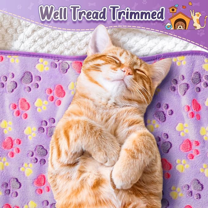 Tatuo 4 Pack Fleece Dog Blankets for Puppy Cats Multi-Size Sleep Mat for Pet Guinea Pig Soft Washable Warm Crate Bed Puppy Teething Toys Print Pattern Blanket Indoor(Purple,24 x 16 Inch,Paw)