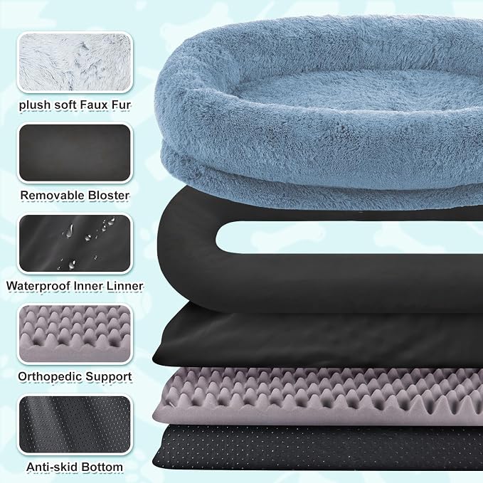 YAEM Human Dog Bed for Adult and Pets - 71"x45"x12" Dogs Beds for Humans with Washable Faux Fur Cover, Plump Pillow, Blanket, Orthopedic Design, Strap-Navy