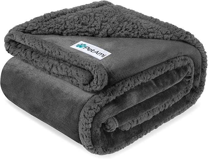 PetAmi Waterproof Dog Blanket for Couch, Queen 90x90, Pee Proof Sherpa Fleece Reversible Pet Throw, Furniture Protector for Bed Sofa, Soft Washable Cover for Large Dogs Cats, Grey Sherpa