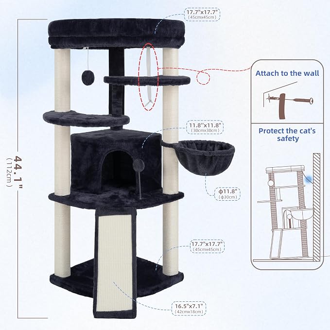 Gitelsnour Corner Cat Tree for Indoor Cats, Cat Tower with All Sisal Scratching Posts, Multi-Level Cat Condo wth Cat Cave, Large Top Perch, Hanging Basket, Sisal Scratching Ramp, Drak Gray GCT025G