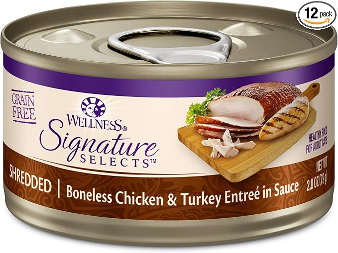 Wellness CORE Signature Selects Shredded Adult Canned Wet Cat Food, Natural, Protein Rich, Grain Free, Chicken and Turkey Entrée Recipe, 2.8 oz, Pack of 12 Cans