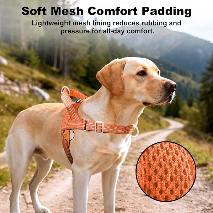 No Pull Dog Harness with Handle, Adjustable Soft Mesh Padded Reflective Walking Harness with Front Clip for Small Medium Large Dogs – Quick Fit No Escape for Training and Hiking (Orange, XS)