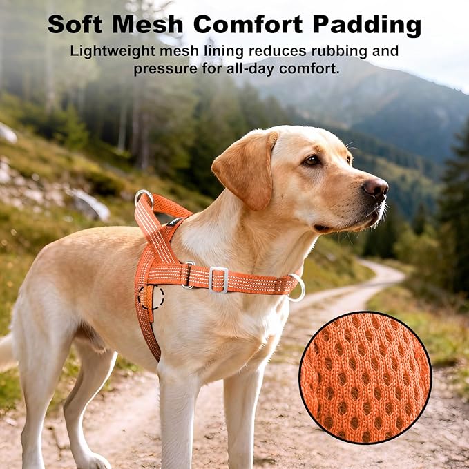 No Pull Dog Harness with Handle, Adjustable Soft Mesh Padded Reflective Walking Harness with Front Clip for Small Medium Large Dogs – Quick Fit No Escape for Training and Hiking (Orange, XL)