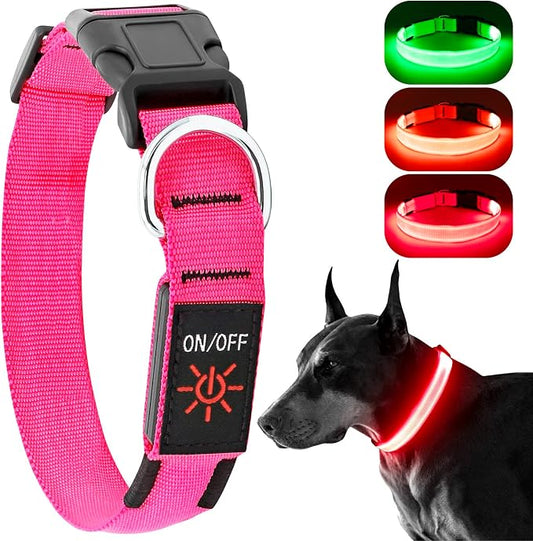 Light Up Dog Collar, Rechargeable USB Collar, Waterproof, Luminous LED Collar, Adjustable, Super Bright, Night Walking for Small Medium Large Dogs, Pink, M