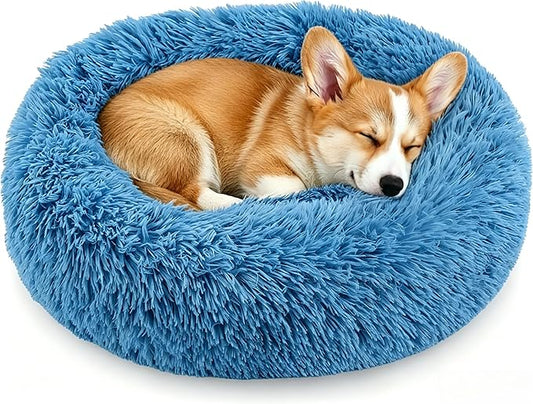 Calming Donut Dog and Cat Bed for Indoor Cats, Anti-Anxiety Round Fluffy Soft Washable Small Pet Bed for Puppy and Kitten, Warming Comfortable Luxury Anti-Slip Waterproof Mute Base 20in Light Blue