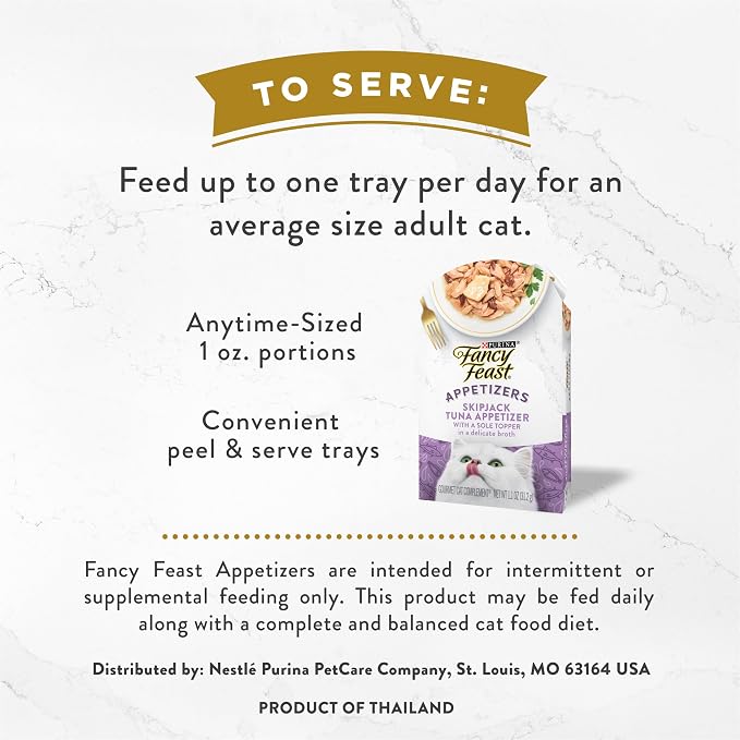 Fancy Feast Purina Appetizers Lickable Grain Free Wet Cat Food Topper Skipjack Tuna Appetizer with Sole - 1.1 oz. Trays,(Pack of 20)