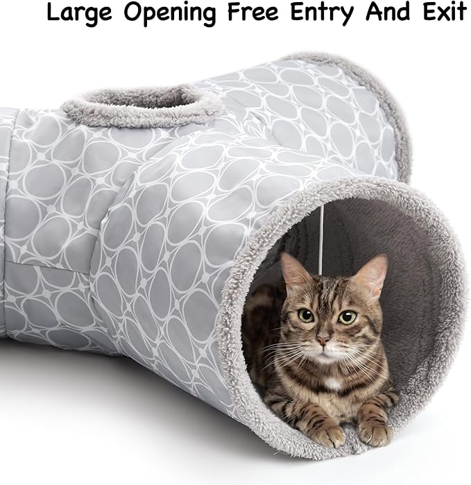 Tempcore Cat Tunnel for Indoor Cats Fleece-Lined in for Warmth, 3 Way Collapsible Pet Play Tunnel with Teaser Wand, Peek Holes & Hanging Ball, Interactive Tube for Kittens & Rabbits, Geometry Grey